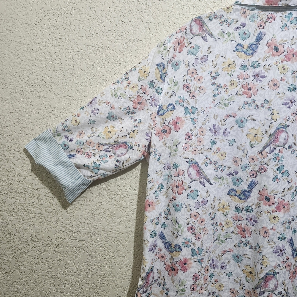 Alfred Dunner White Floral and Birds Button Down Shirt Blouse - Picture 5 of 10